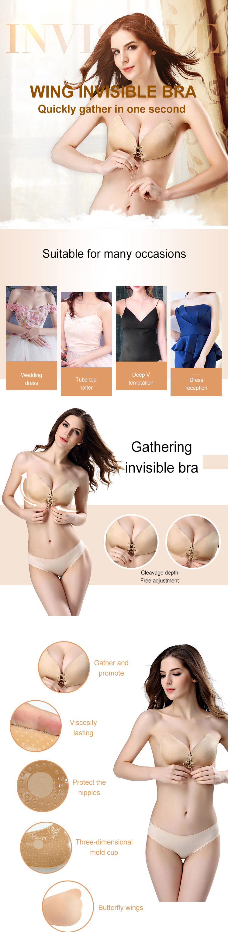 silicone backless bra, lift it up adhesive silicone bra